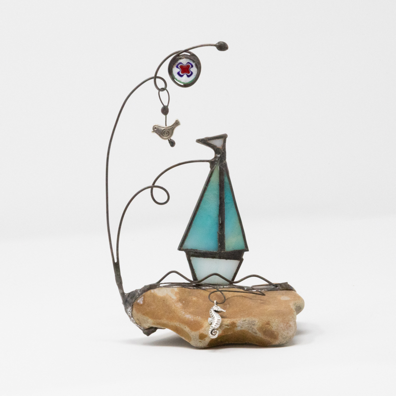 Sailing boat on stone with bird and seahorse - Orchid Stained Glass ...