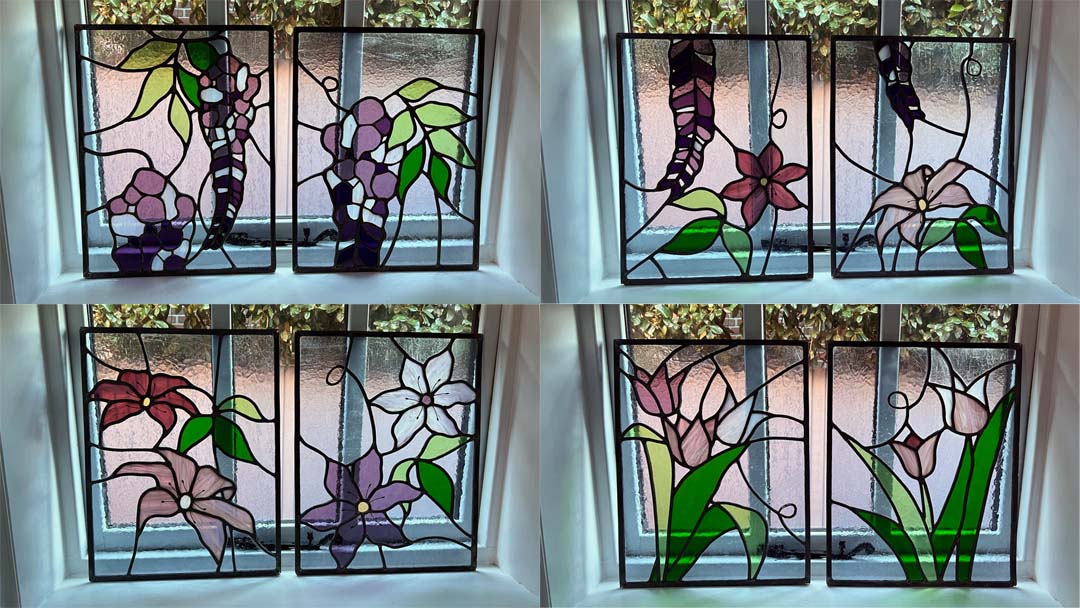 Wisteria, clematis and tulip stained glass for contemporary home