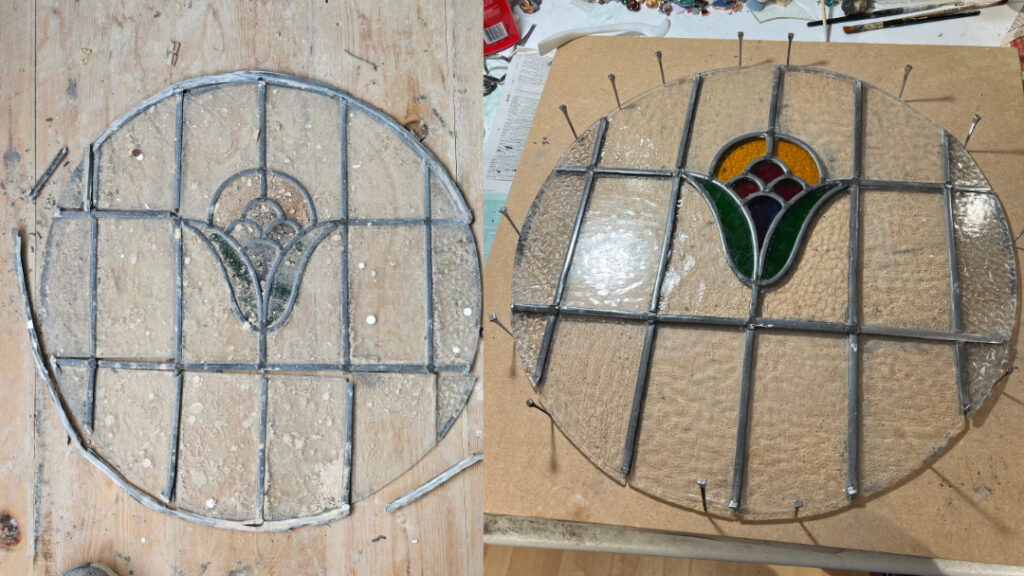 Damaged round stained glass window laid on floor dirty with broken leads on left. On right image shows repair in progress with clean window held in place by flat sided nails before the lead surround is replaced.