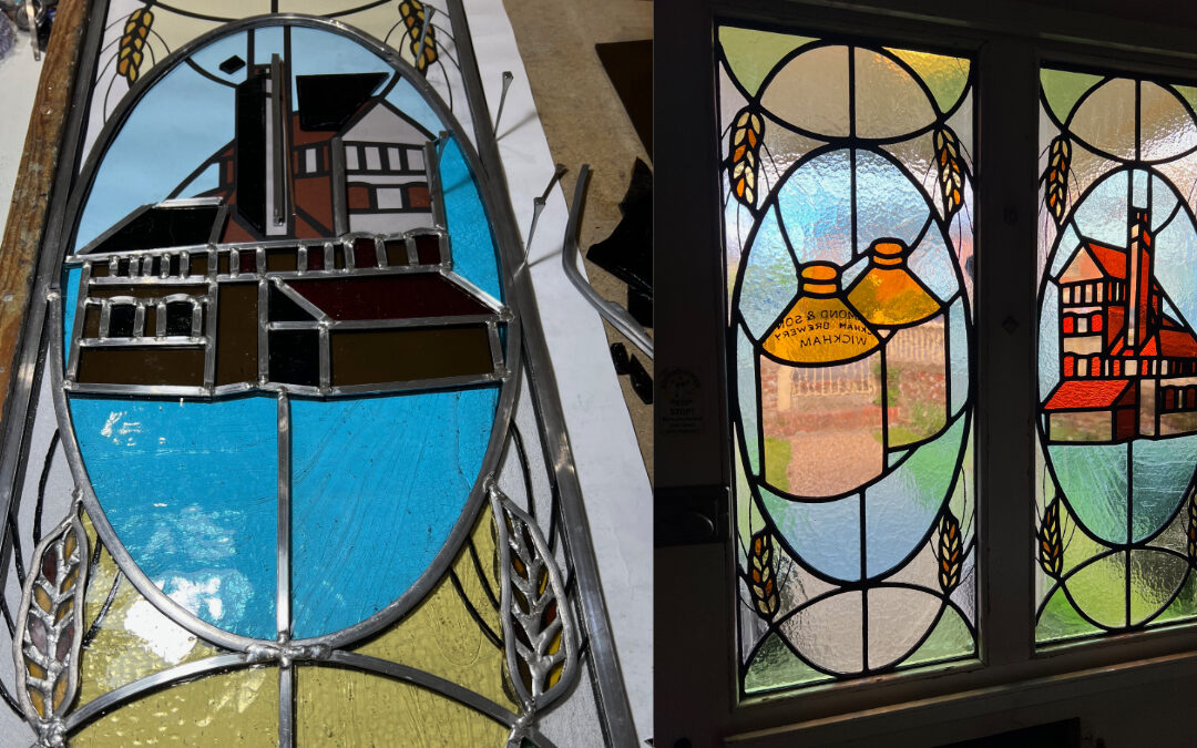Stained glass door panels commemorate brewery