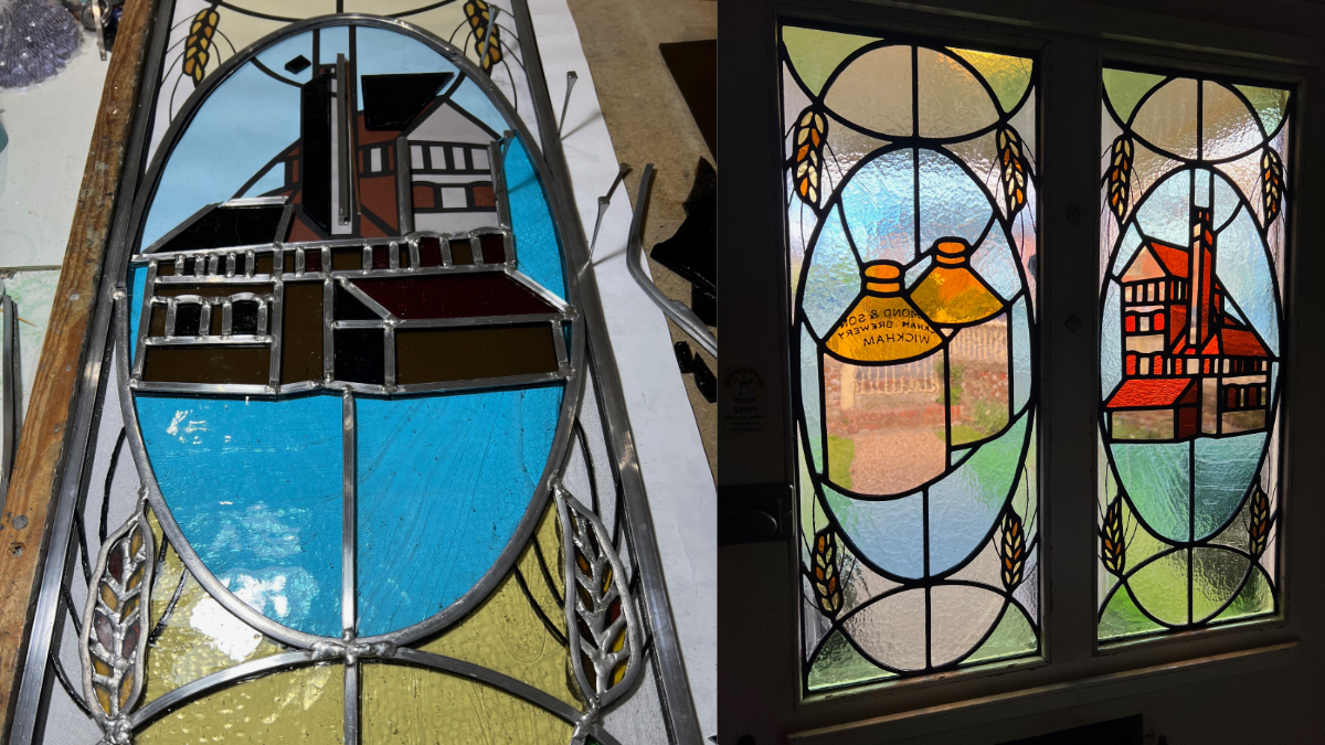 Split image showing work in progress on a rectangular stained glass window on the left - featuring a detailed brewery image within an oval mount and a piece of barley in each corner. On the right an image of that panel and a matching panel featuring stoneware beer flagons from the same brewery, mounted in a front door viewed from the inside.