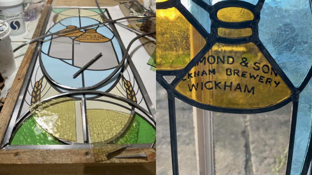 A split image showing the making of a rectangular stained glass panel on the left featuring the two stoneware brewery flagons. On the right a close-up of the hand-painted wording for the brewery on the top of one flagon as it stands in a window with light coming from the other side, highlighting the golden colour of the top section and a sky blue glass surround.