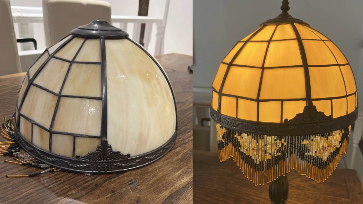 An image with two pictures. On the left a repaired Tiffany-style lampshade showing two broken panels have been replaced by panels made from flat glass pieces. The undamaged panels are left untouched. On the right the same lampshade lit up showing it with the added blacked foil to match the repair.