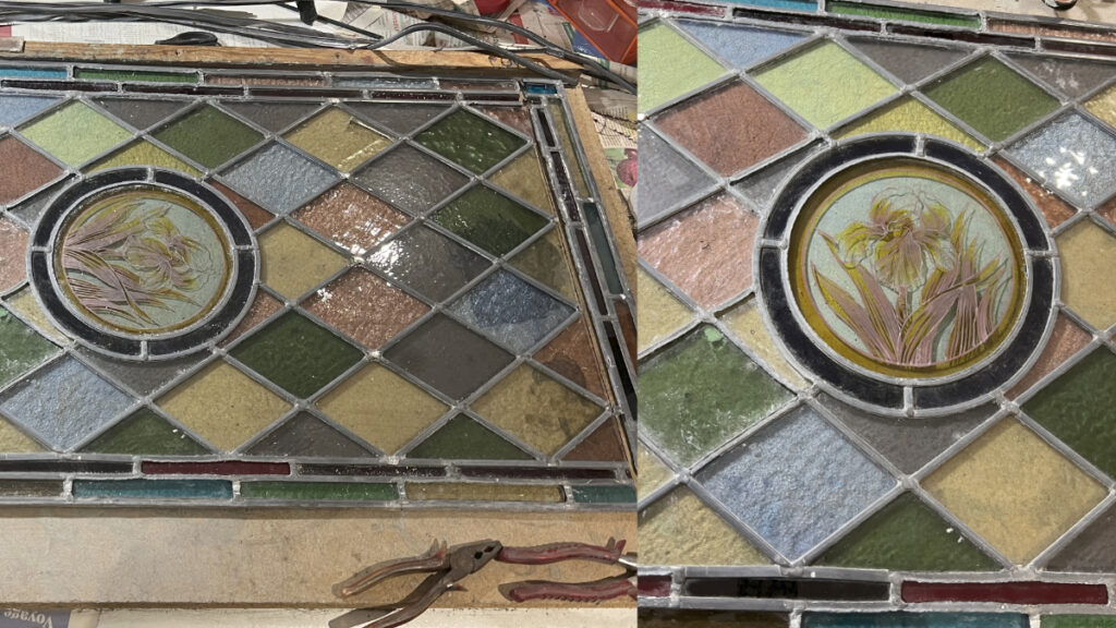 A dual image showing part of a Victorian stained glass window having its end shortened and the original end re-added, with holes in the leads where the broken glass has been removed ready for replacement. The central iris painted circle is in the original orientation before turning. The other image shows a close-up of the iris roundel having been rotated so the vertical Victorian original stained glass window can be used in horizontal orientation.