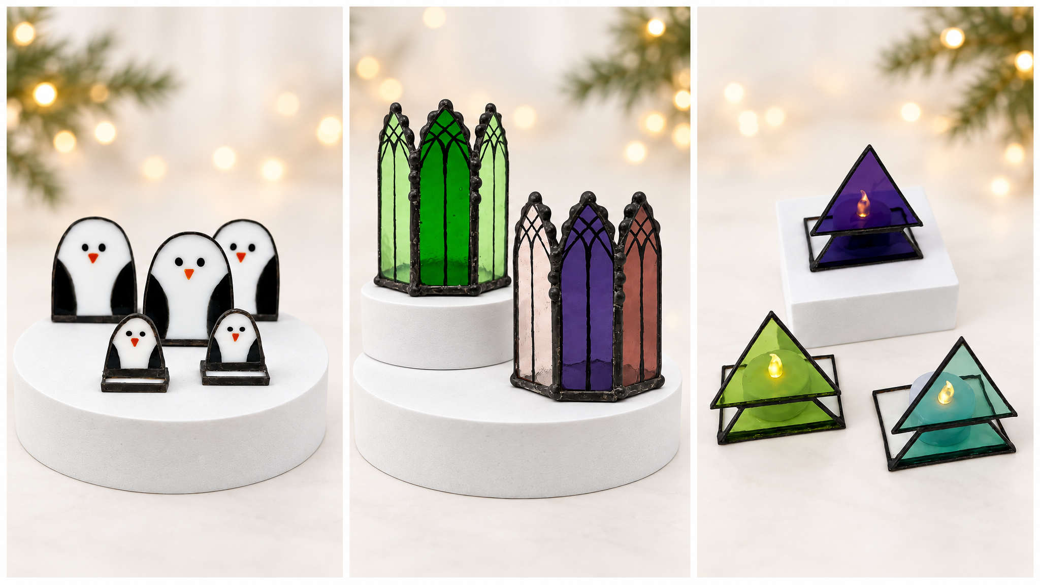 Festive image of three types of stained glass gifts including mini penguin sculptures, gothic window style tea light holders and minimalistic tree tea light holders. All unique and handmade by Linda Banks of Orchid Stained Glass.